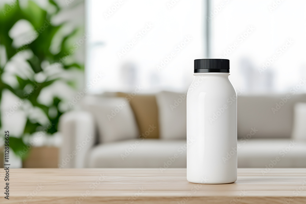 White Milk Bottle on a Wooden Table in a Modern Living Room, Complemented by Sleek Furniture and a Cozy, Contemporary Atmosphere White Milk Bottle on a Wooden Table in a Modern Living Room, Complemented by Sleek Furniture and a Cozy, Contemporary Atmosphere