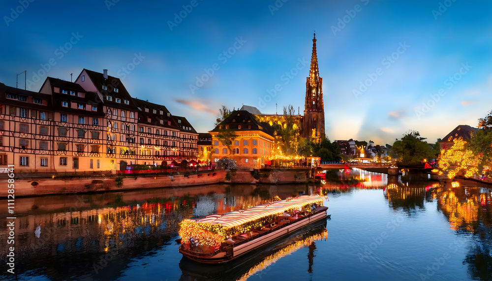 As twilight descends, a charming boat decorated with lanterns floats gracefully on the serene waters of Strasbourg's canals, surrounded by historic architecture and twinkling lights As twilight descends, a charming boat decorated with lanterns floats gracefully on the serene waters of Strasbourg's canals, surrounded by historic architecture and twinkling lights