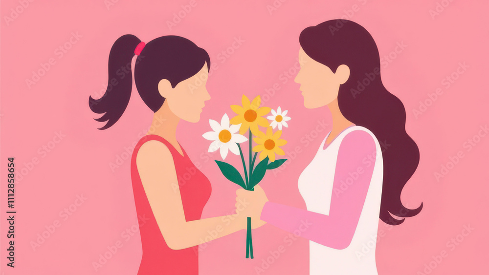 Two young caucasian females exchanging flowers on pink background Two young caucasian females exchanging flowers on pink background