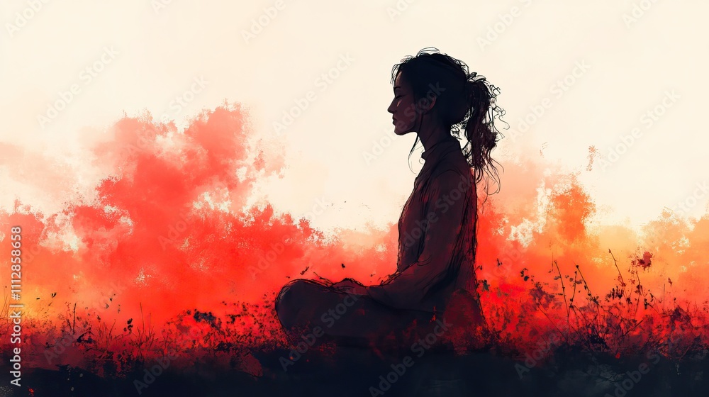young woman sitting on the floor in prayer digital in watercolor style young woman sitting on the floor in prayer digital in watercolor style