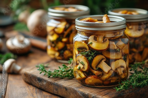 Mushrooms preserved in jars on wooden board garnished with herbs in rustic ki...