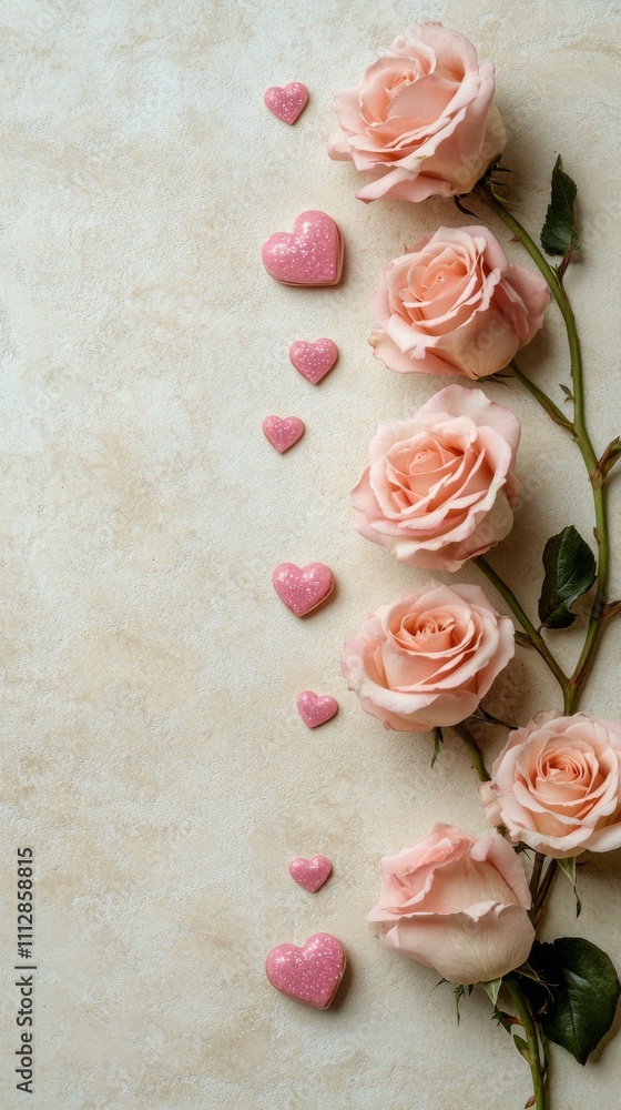 Pink roses and heart shaped candies create a romantic arrangement on a light background Pink roses and heart shaped candies create a romantic arrangement on a light background