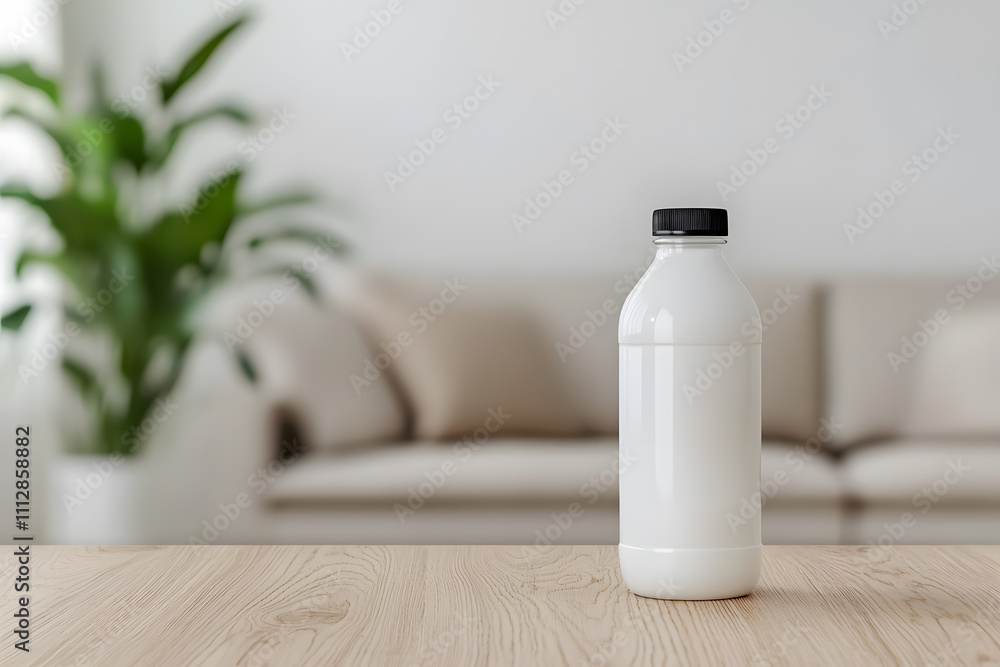 White Milk Bottle on a Wooden Table in a Modern Living Room, Complemented by Sleek Furniture and a Cozy, Contemporary Atmosphere White Milk Bottle on a Wooden Table in a Modern Living Room, Complemented by Sleek Furniture and a Cozy, Contemporary Atmosphere
