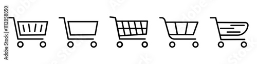 Set of linear icons shopping cart and  basket icons in a store. Trolley and grocery basket .
 Blank template.
Vector illustration.