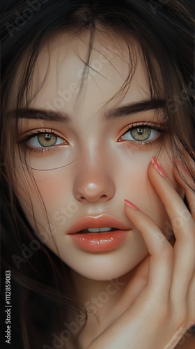 Stunning young woman with striking green eyes and natural makeup posing grace...