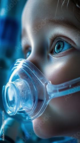 Child with oxygen mask looking intently during medical procedure at hospital