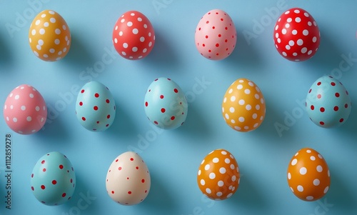 Hand painted Easter eggs decorate a bright blue background for spring celebrations photo