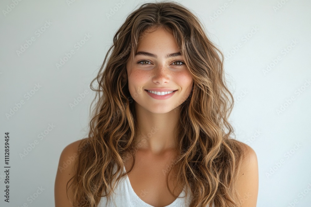 Smiling young woman with wavy hair in natural light setting indoors Smiling young woman with wavy hair in natural light setting indoors
