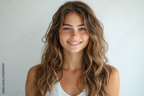 Smiling young woman with wavy hair in natural light setting indoors