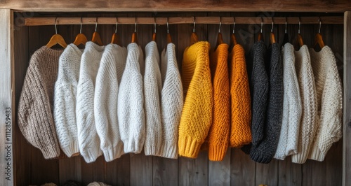 Soft knitted sweaters displayed on wooden hangers in a cozy shop