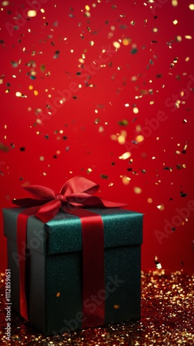 Gift box with red ribbon amidst colorful confetti on festive red background photo