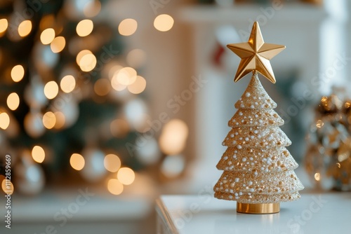Gold Christmas tree decoration with star ornament on a table in a festive liv...
