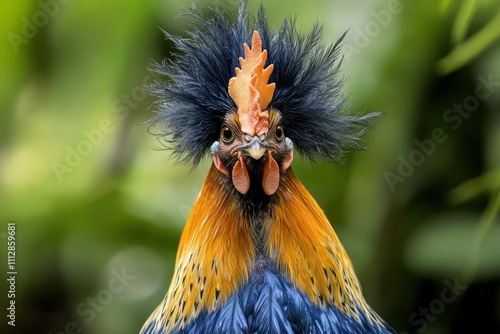 A portrait of a fancy chicken with a mix of deep blue and golden yellow feathers, standing tall with a high, regal comb. photo