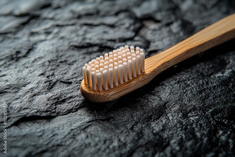 Bamboo toothbrush resting on rocky surface during soft morning light Bamboo toothbrush resting on rocky surface during soft morning light