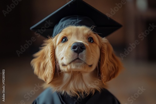 Golden retriever puppy wearing a graduation cap at an outdoor ceremony with n...