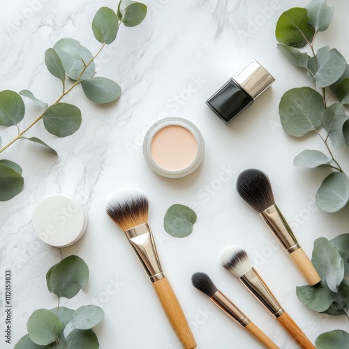 Beautiful arrangement of makeup products with brushes and eucalyptus leaves o...
