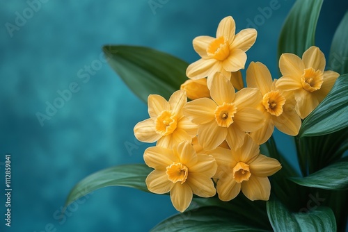 Bright yellow daffodils bloom against a textured blue background in a serene ...