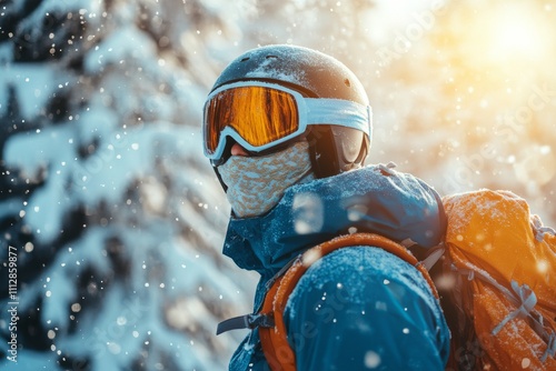 Snowboarder in snowy forest with sunset light illuminating snowflakes and gear