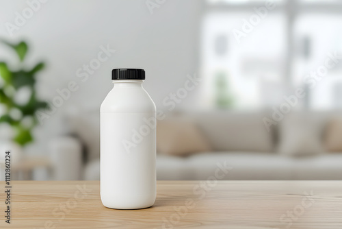 White Milk Bottle on a Wooden Table in a Modern Living Room, Complemented by Sleek Furniture and a Cozy, Contemporary Atmosphere photo