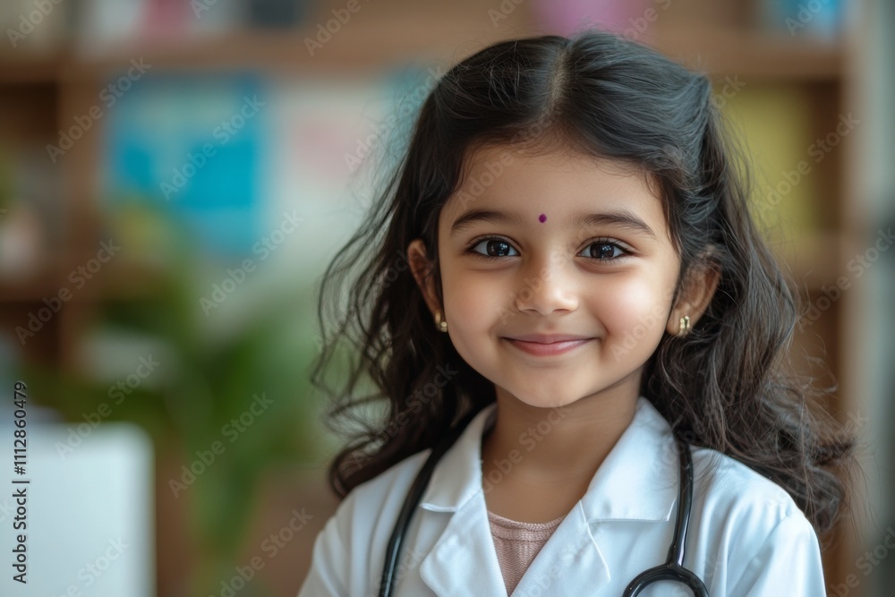 Young girl in a white coat with stethoscope smiling confidently in a bright environment Young girl in a white coat with stethoscope smiling confidently in a bright environment
