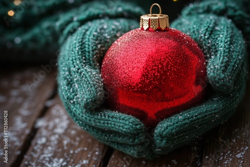Holiday spirit showcased with hands in green gloves holding a bright red orna...