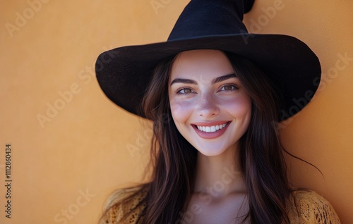 Smiling woman with long hair wearing black hat against bright orange background