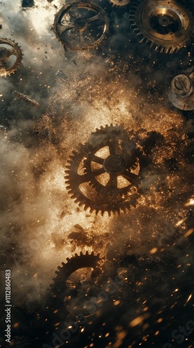 Mechanical gears floating through an explosion of sparks and dust in a dramat...