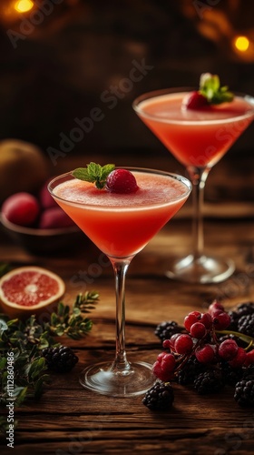 Refreshing cocktails served in elegant glasses with fresh fruits and herbs on...