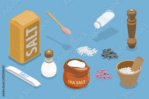 3D Isometric Flat Vector Set of Salt Containers and Other Items, Baking and Cooking Ingredient