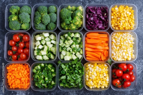 Colorful arrangement of fresh vegetables on a white countertop for healthy ea...