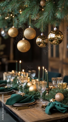 Elegant festive table setting with golden ornaments and candles in a warm atm...