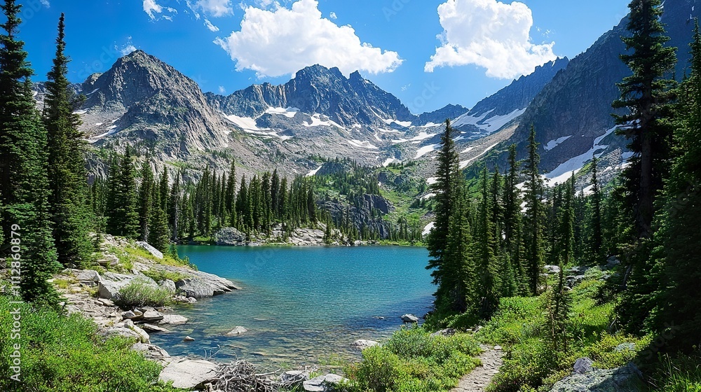 Obraz premium Beautiful mountain scenery with a clear blue lake and lush trees