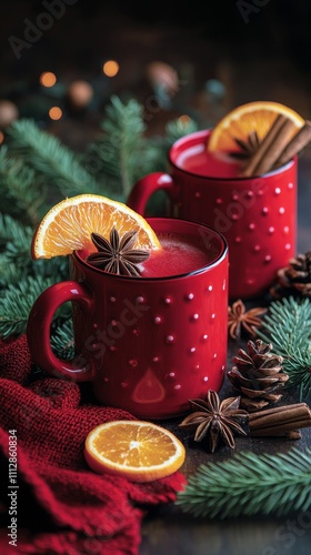 Warm holiday drinks served in red mugs with spices and orange slices on a fes...