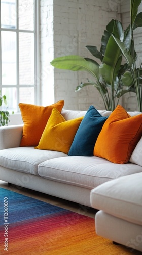 Colorful cushions enhance modern living room decor with vibrant hues