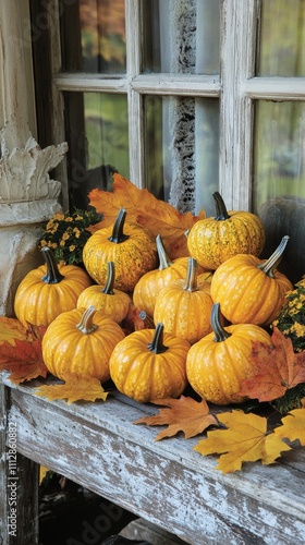 Colorful autumn display with pumpkins and vibrant leaves in a cozy setting