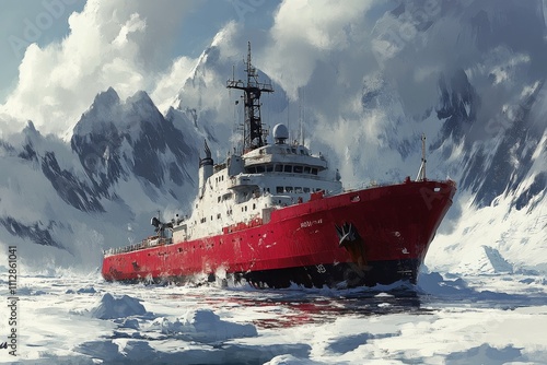 Icebreaker ship navigates through icy waters near mountainous landscape in re...