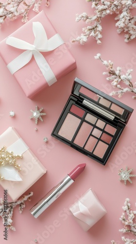 Beautiful collection of pink makeup and cosmetics arranged on a soft pink bac...
