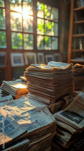 Sunlight streaming through a window illuminates newspapers on a wooden table