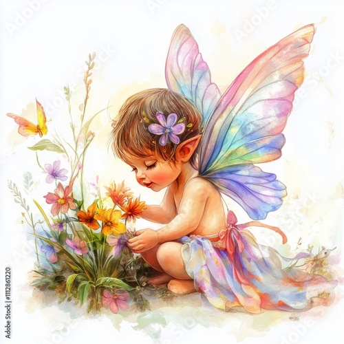 Child with butterfly wings exploring flowers in a magical garden setting