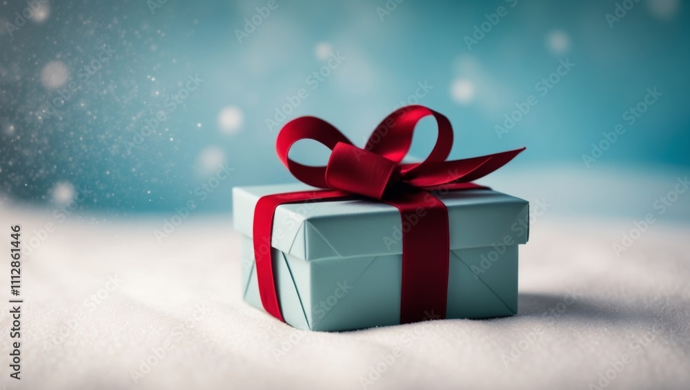 Festive gift box with red bow on a snowy blue background perfect for holiday or celebration themes. Festive gift box with red bow on a snowy blue background perfect for holiday or celebration themes.