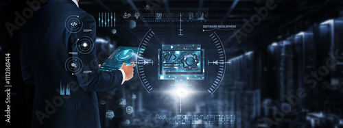 Obraz na płótnie Software Development: Businessman controls and monitors software development technology system on digital screen. Agile methodology, debugging, code optimization, collaboration tools, version control