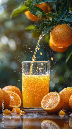 Juicy oranges falling into fresh juice surrounded by ripe oranges in a sunny ...