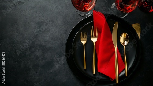 Elegant table setting with golden cutlery and red napkin on a dark background...