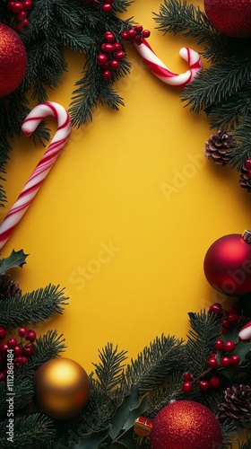 Holiday decorations with red ornaments and candy canes on yellow background