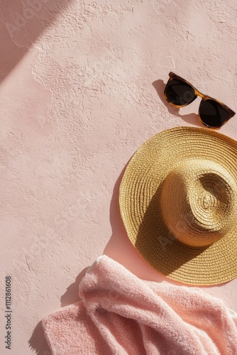 Summer accessories laid out on a pink backdrop with natural textures and soft...