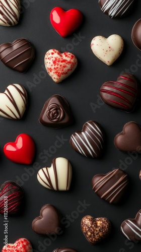 Assorted heart shaped chocolates arranged on a dark surface for a special occ...