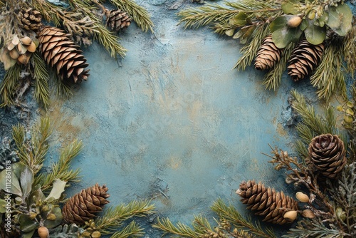 Natural holiday wreath made of pinecones and evergreen branches on blue backg...