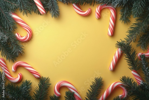 Colorful candy canes and pine branches adorn a bright yellow festive background