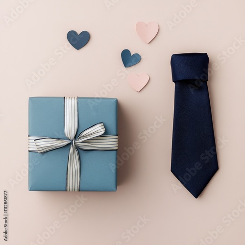 Gift box with ribbon and tie beside colorful paper hearts on a soft background