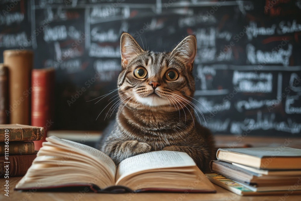Cat sitting with large open book in front of a chalkboard filled with writings and equations Cat sitting with large open book in front of a chalkboard filled with writings and equations